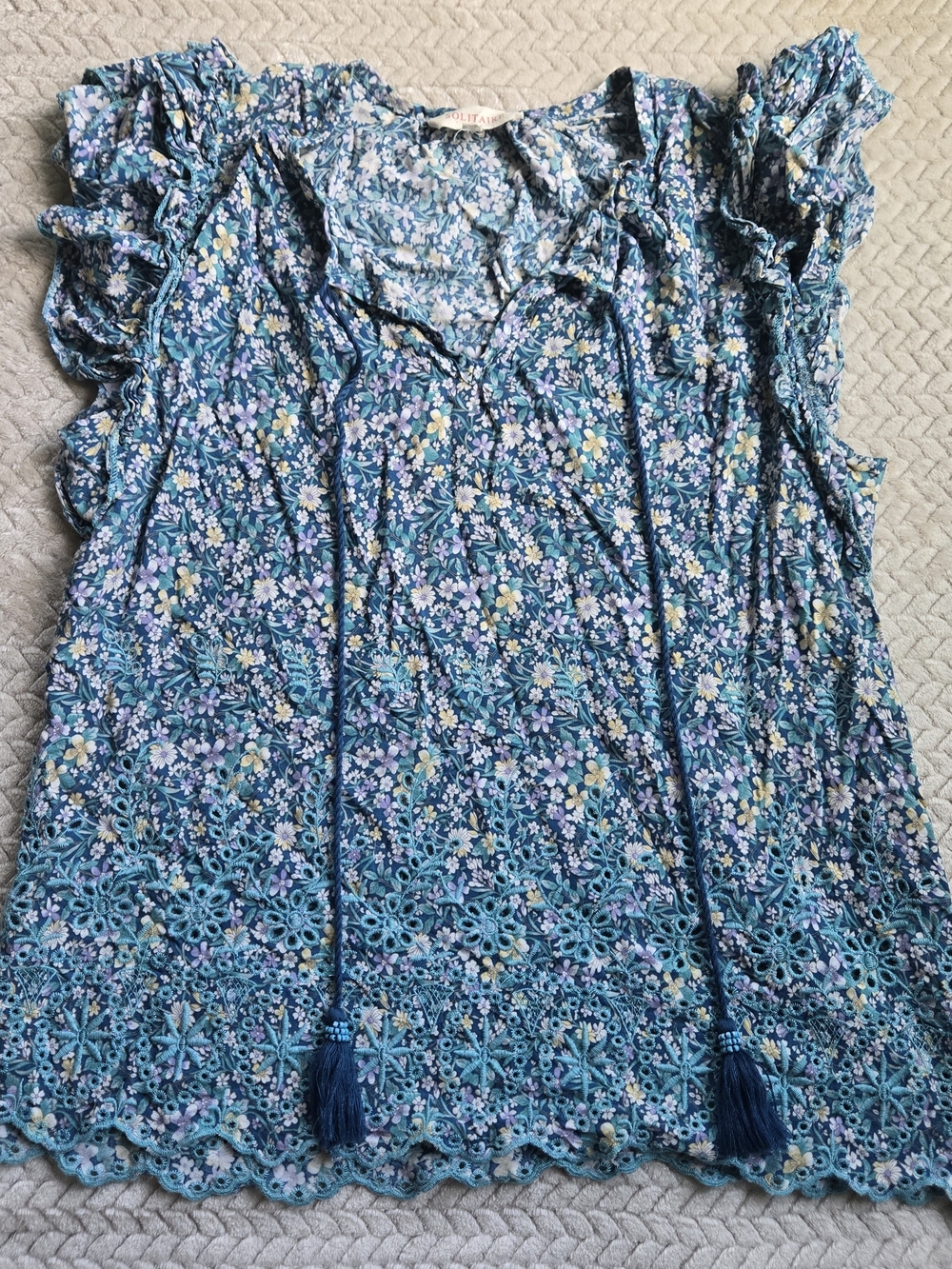Solitaire Floral Top Womens Size Large Blue Embroidery Ruffle Boho